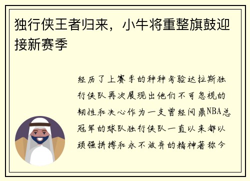 独行侠王者归来，小牛将重整旗鼓迎接新赛季