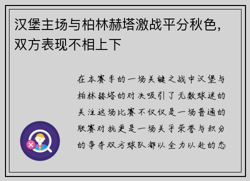 汉堡主场与柏林赫塔激战平分秋色，双方表现不相上下